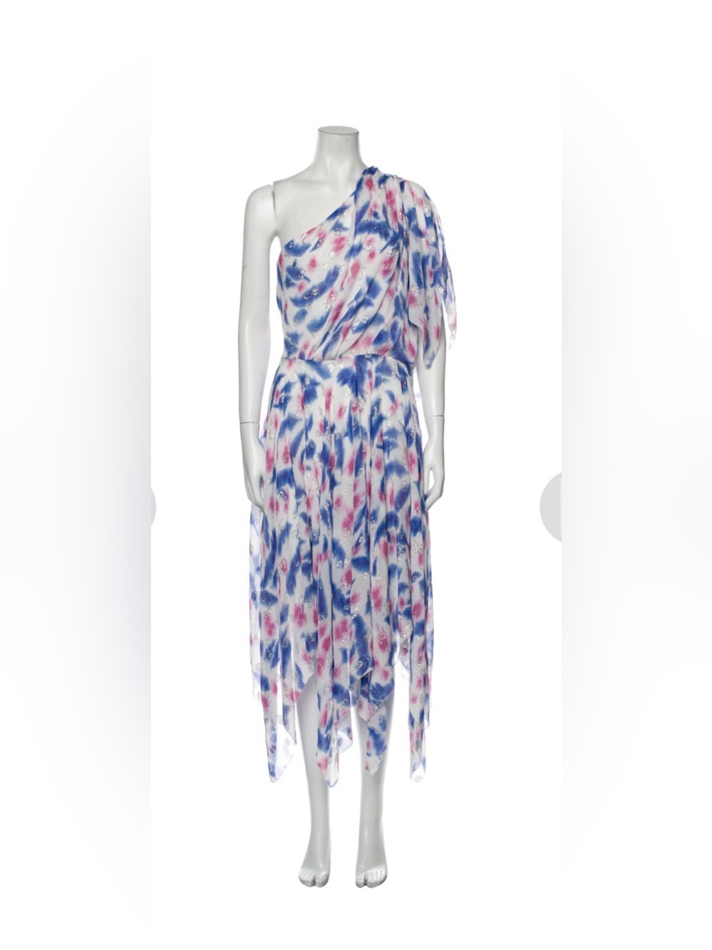 Isabel Marant One-Shoulder White Maxi Dress with Blue & Pink Floral Print U.S. 8